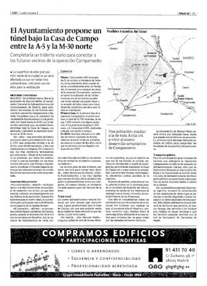 EL AYUNTAMIENTO PROPONE UN TUNEL BAJO LA CASA DE CAMPO ENTRE LA A-5 Y LA M-30 NORTE (artículo en formato PDF)
