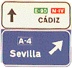 PRESEALIZACIN DE DIRECCIONES HACIA UNA AUTOPISTA O UNA AUTOVA Y DIRECCIN PROPIA. Indica, en una carretera convencional, las direcciones de los distintos ramales de la prxima interseccin cuando uno de ellos conduce a una autopista o una autova. Tambin indica la direccin propia de la carretera convencional.