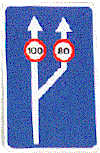 PASO DE UNO A DOS CARRILES DE CIRCULACION CON ESPECIFICACION DE LA VELOCIDAD MAXIMA EN CADA UNO DE ELLOS. Indica, en un tramo con un slo carril de circulacin en un sentido, que en el prximo tramo se va a pasar a disponer de dos carriles en el mismo sentido de circulacin. Tambin indica la velocidad mxima que est permitido alcanzar en cada uno de ellos.