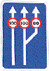 PASO DE DOS A TRES  CARRILES DE CIRCULACION, CON ESPECIFICACION DE LA VELOCIDAD MAXIMA EN CADA UNO DE ELLOS. Indica, en un tramo con dos carriles en un sentido de circulacin, que en el prximo tramo se va a pasar a disponer de tres carriles en el mismo sentido de circulacin. Tambin indica la velocidad mxima que est permitido alcanzar en cada uno de ellos.