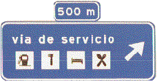 PRESEALIZACIN EN AUTOPISTA O AUTOVA DE UNA VA DE SERVICIO, CON SALIDA EXCLUSIVA. Indica, en autopista o autova, la proximidad de una salida hacia una va de servicio desde la que puede accederse a los servicios indicados.